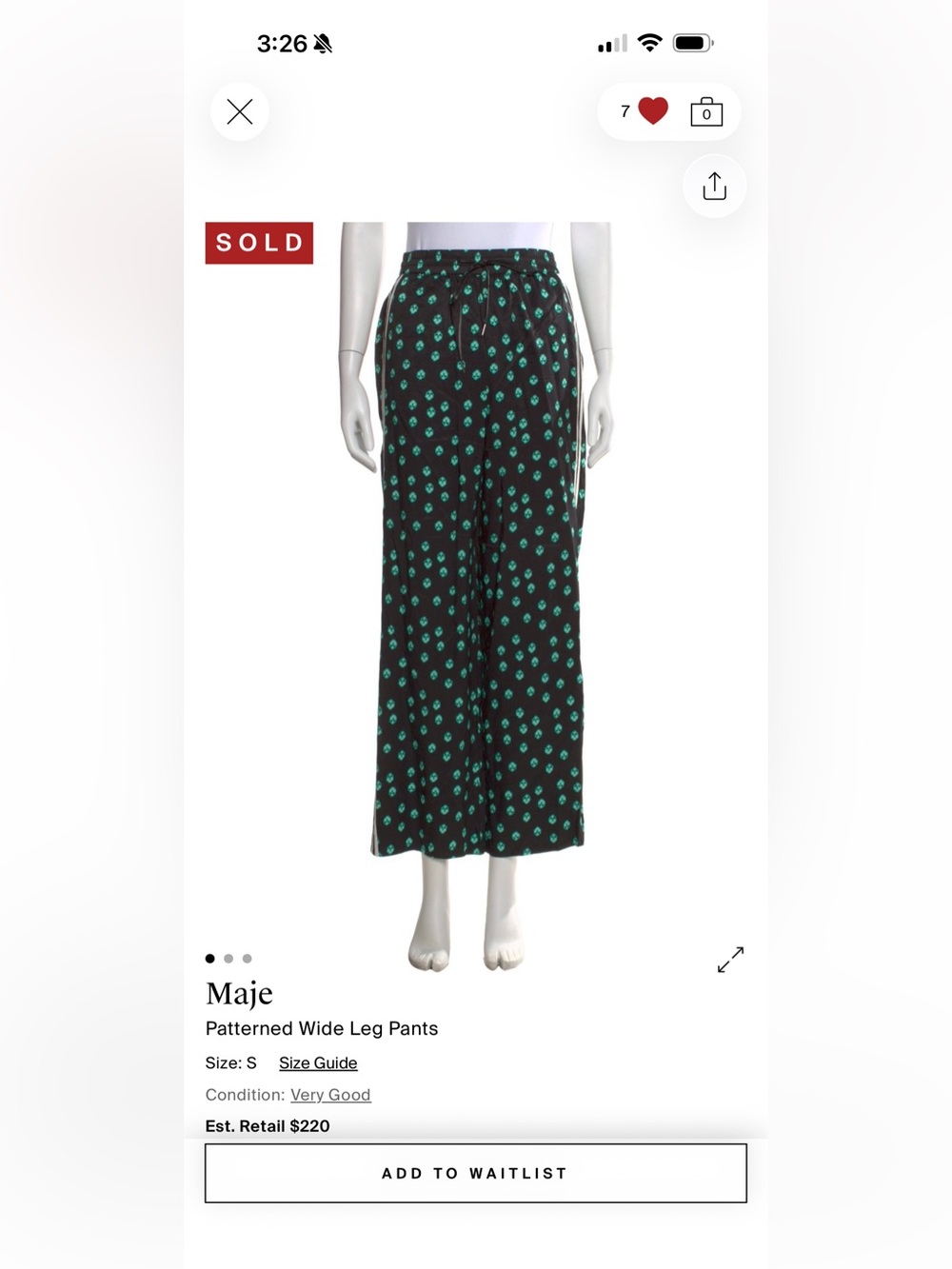 Maje Black Wide-Leg Pants with Teal Print